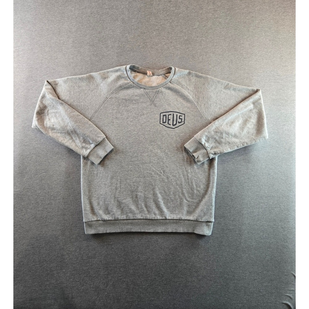 Deus Ex Machina Shield Sweatshirt Mens Large Grey Raglan Crew Neck Moto Pullover